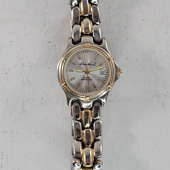 Eddie Bauer Sunray Watch Women Silver Gold Tone Date 50M New Battery Small 7" - Picture 3 of 11
